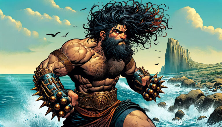 Amykos, König der Bebryker und Sohn des Poseidon steht in kampfbereiter Pose an der Küste. Er ist äußerst muskulös. Sein langes, schwarzes Haar weht im Wind.