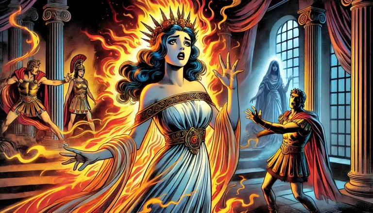 Glauke, eine junge griechische Prinzessin, steht in ihren Gemächern, ihr elegantes Kleid fängt in magischen Flammen Feuer. Ihr Vater Kreon und die Wachen versuchen, ihr zu helfen, kommen aber zu spät.
