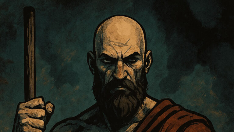 Kratos – kahlköpfiger, muskulöser Mann mit Bart, Personifikation der Macht in der griechischen Mythologie