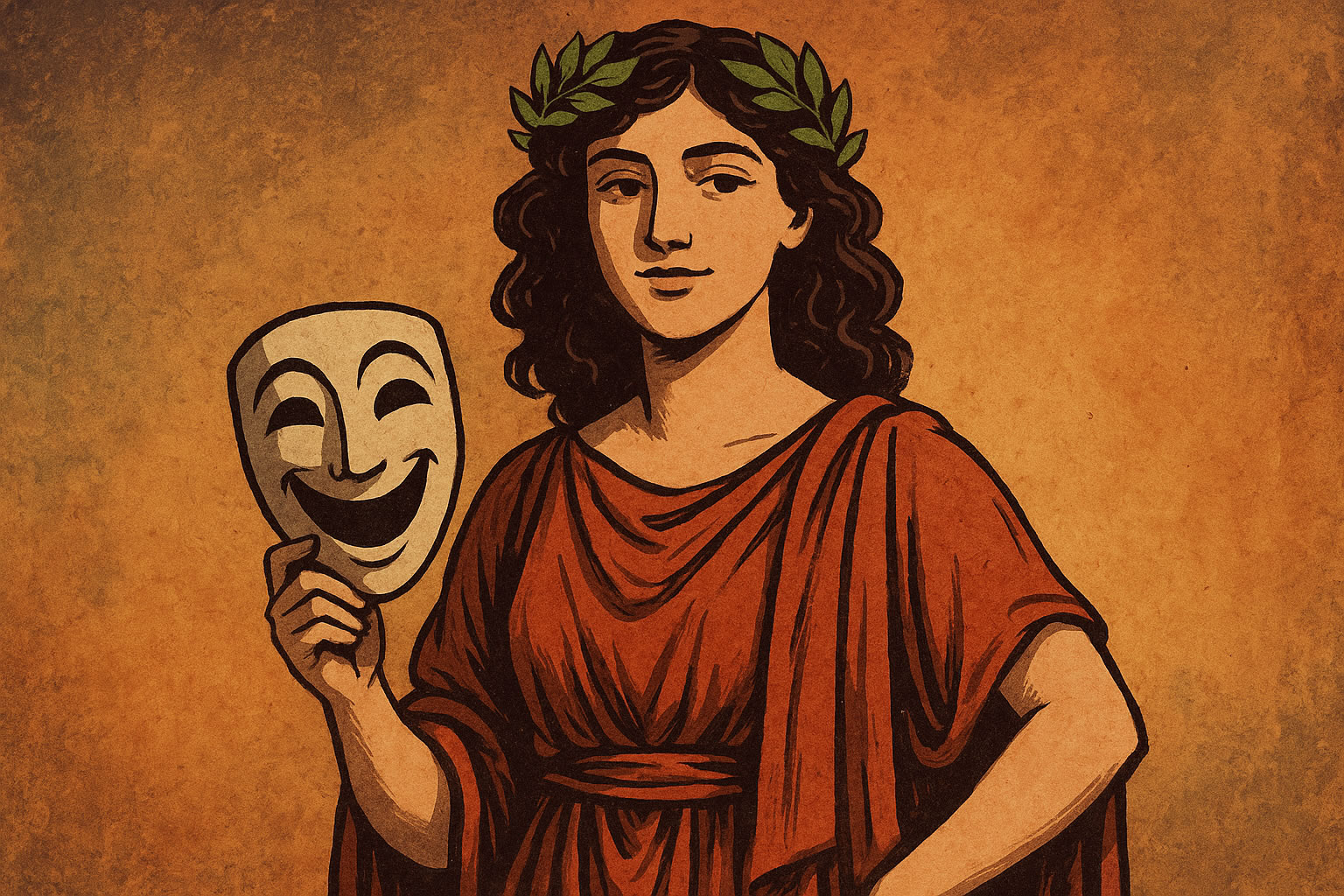 Thalia, die Muser der Komödie in der griechischen Mythologie. Dargestellt als junge Dame mit Theatermaske in der Hand.