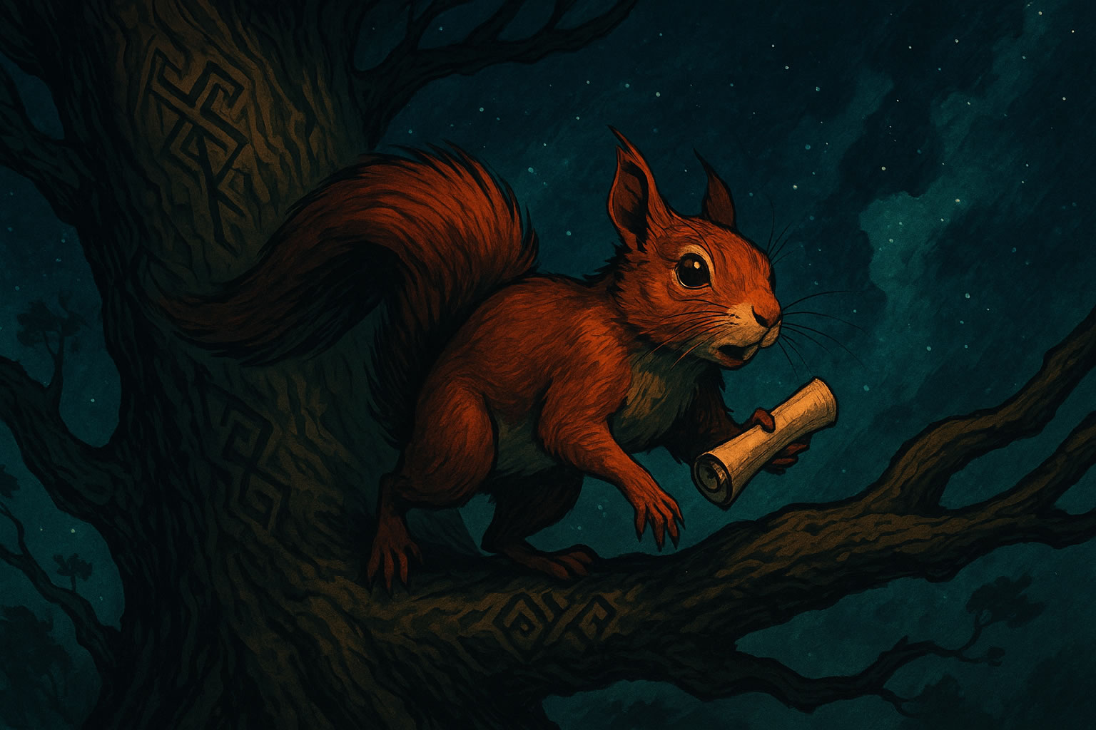 Ratatoskr – Eichhörnchen im Baum Yggdrasil. Es überbringt Botschaften vom Adler zum Drachen.